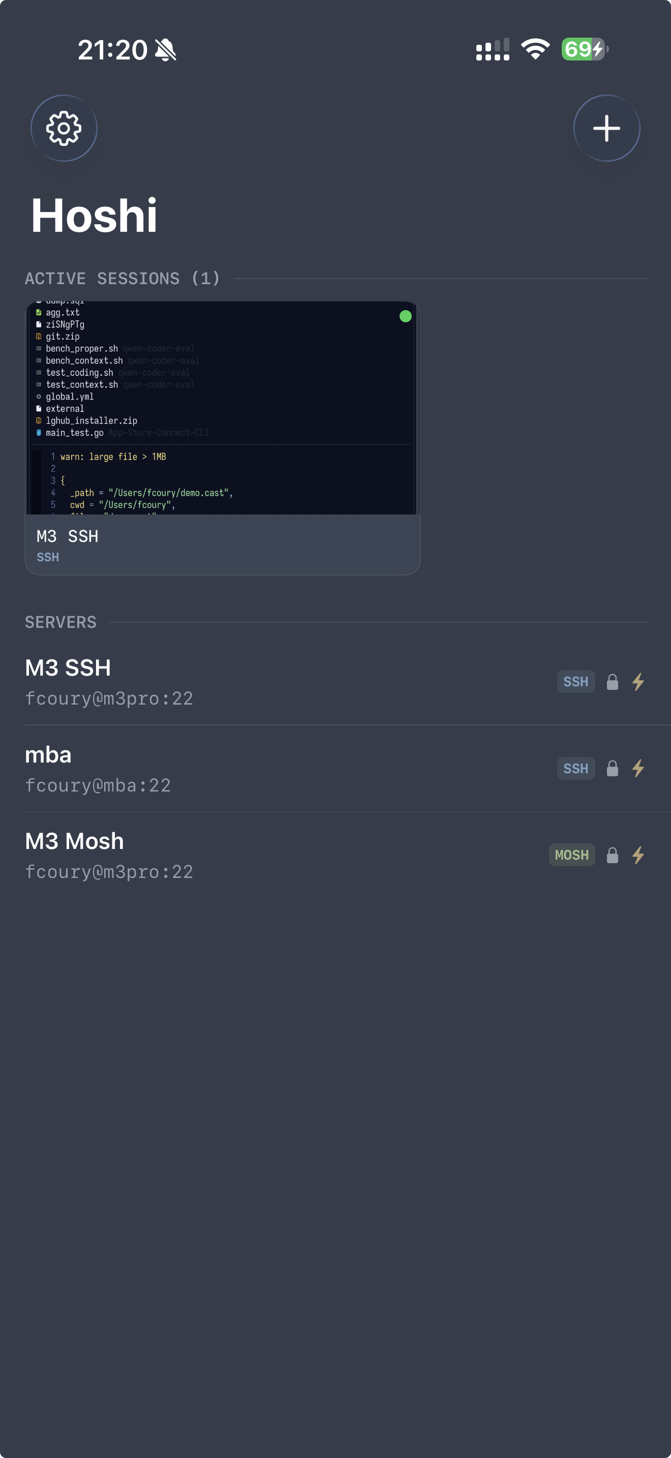 Server list showing Mosh support